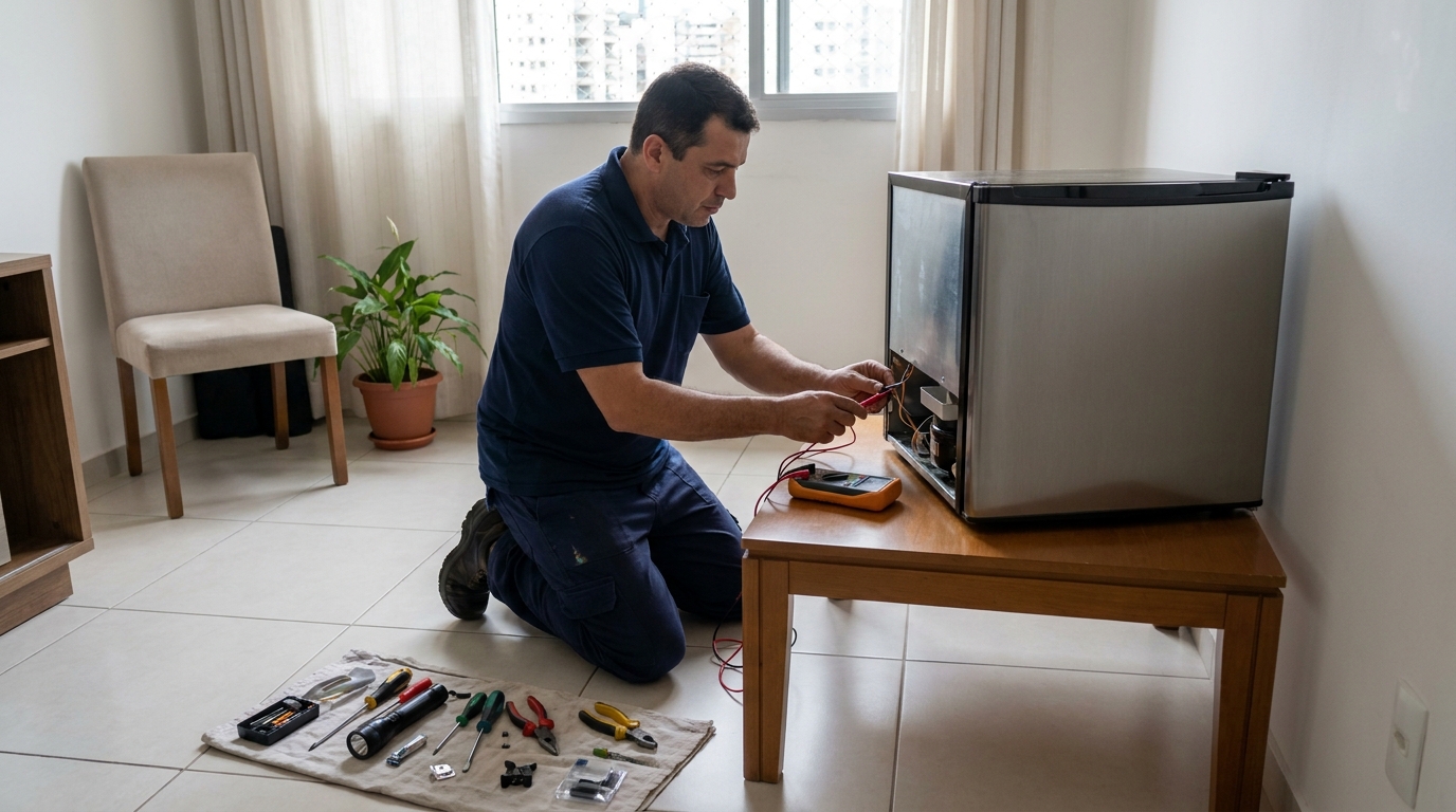 Técnico fazendo manutenção do motor de frigobar nas Rocas, Natal‑RN