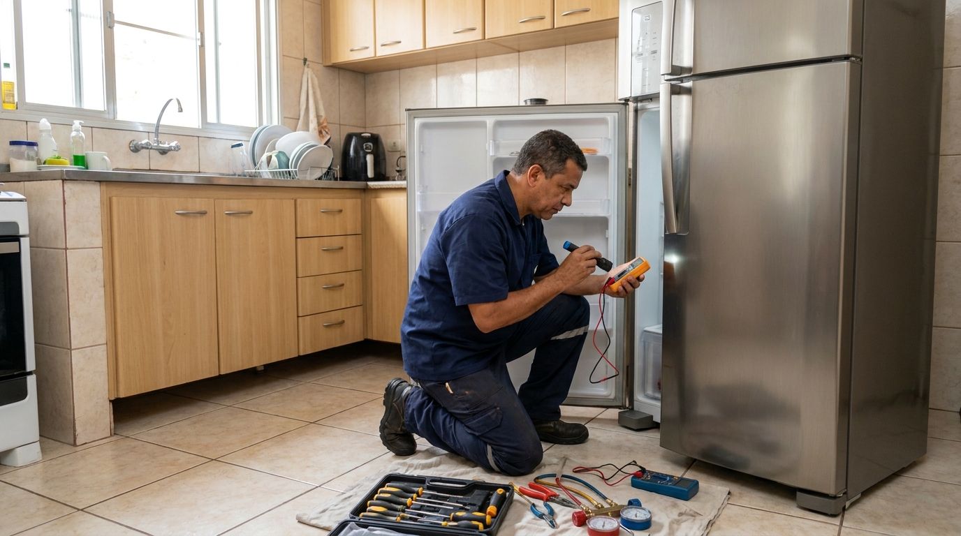 Técnico aplicando recarga de gás refrigerante em geladeira em Candelária, Natal‑RN
